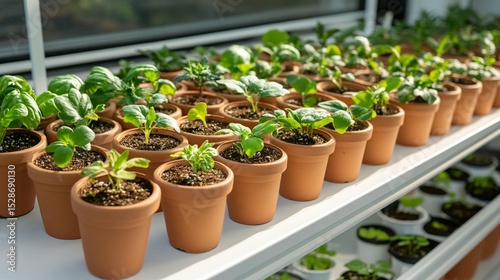 Rows of small terracotta pots filled with young plants on a white shelving unit.  Healthy seedlings in various stages of growth