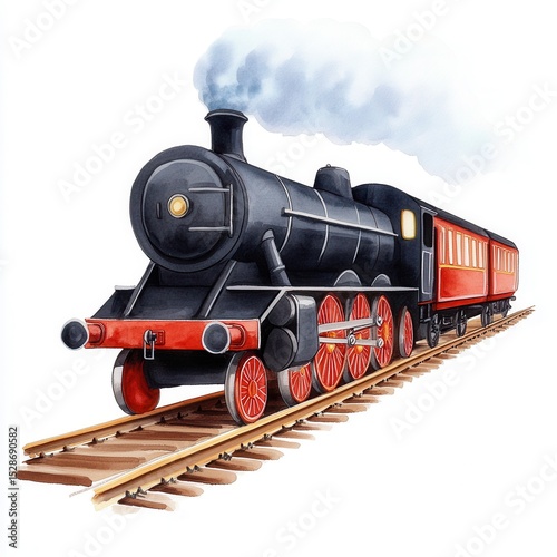 Vintage Steam Locomotive Illustrating Classic Train Travel with Colorful Carriages and Whimsical Design in a Nostalgic Scene