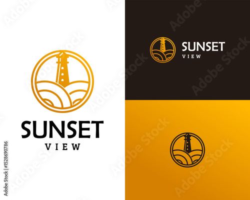 Logo design about sunset view on the beach with lighthouse.
