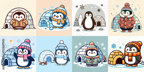 cartoon illustration of cute penguin and igloo