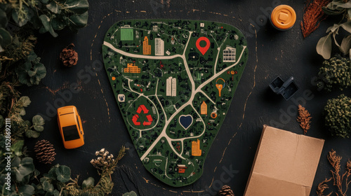 Triangular map on dark surface features various icons like location pin, heart, and recycling symbol, surrounded by greenery and small objects like toy car and cardboard box
