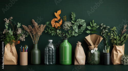 Collection of various containers, including glass and plastic bottles, are creatively repurposed as vases holding assortment of dried and fresh flowers against dark green background
