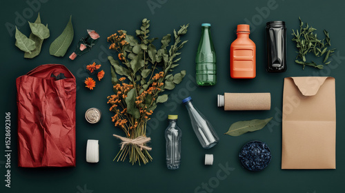 Collection of recyclable materials and natural elements, including glass bottles, tin can, paper, and dried flowers, is arranged on dark surface