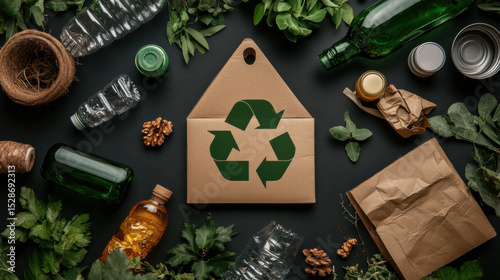 Cardboard box with recycling symbol is surrounded by various recyclable materials like glass bottles, plastic containers, and paper, emphasizing eco friendly practices