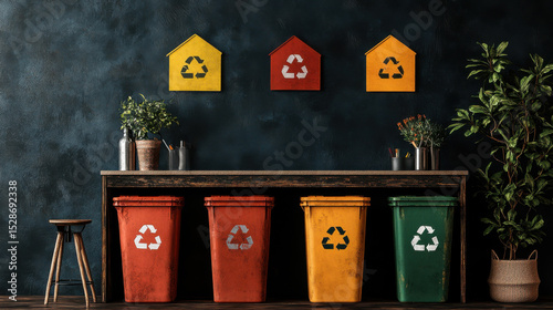 Colorful recycling bins with distinct symbols are neatly arranged against dark wall, promoting environmental awareness. setup includes plants and wooden stool, creating harmonious and eco friendly