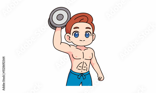 Cute boy holding dumbbell cartoon illustration