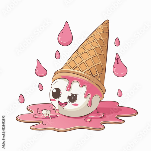 Kawaii Melted Ice Cream Cone Illustration Cute Summer Treat Design