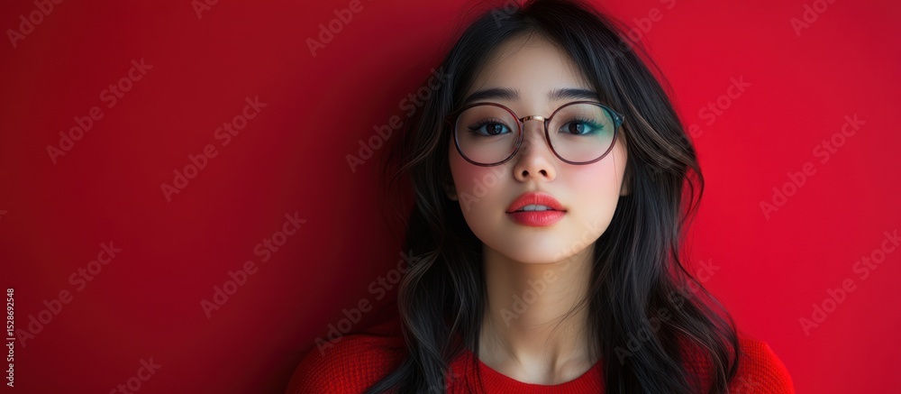 Portrait of a young Asian woman wearing glasses against a red background. Portrait of a young Asian woman wearing glasses against a red background.