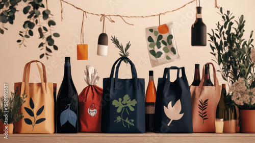 Reusable fabric bags with nature inspired designs hold wine bottles, surrounded by plants and eco friendly decor, creating sustainable and stylish atmosphere