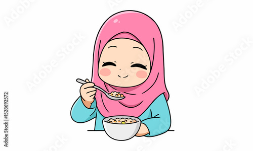 cute woman wearing a hijab having breakfast, lunch or dinner cartoon vector illustration