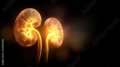 Close-up of healthy human kidney with glowing golden light symbolizing healing and recovery, medical and healthcare concept for organ donation, transplant surgery, urology and nephrology.