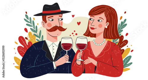 Romantic couple toasting with red wine glasses. Elegant man and woman enjoying romantic date. Perfect  vector illustration for valentines day cards and romantic dinner invitations.