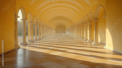 Architectural promenade vista long corridor tunnel with rhythmic colonnade rhythm in sunlit day majestic structure