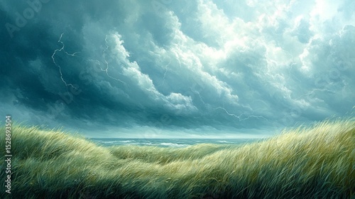 Stormy seascape with tall grass foreground. Dramatic clouds and lightning over the ocean