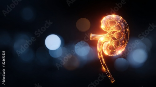 Close-up of healthy human kidney with glowing golden light symbolizing healing and recovery, medical and healthcare concept for organ donation, transplant surgery, urology and nephrology.