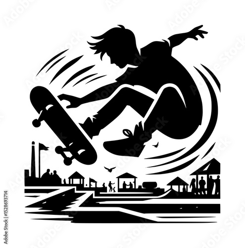 Skateboarder silhouette performing an aerial trick at a skatepark
