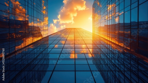 Modern Architecture Shines with Golden Sunset Reflection on Glass Facade of Tall Office Buildings
