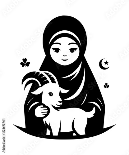 Muslim girl in hijab holding a goat eid al adha
