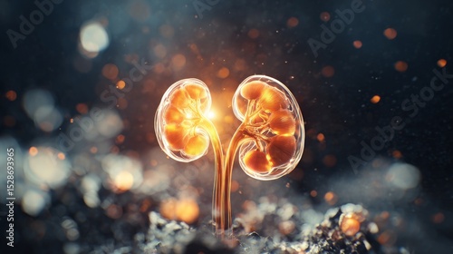 Close-up of healthy human kidney with glowing golden light symbolizing healing and recovery, medical and healthcare concept for organ donation, transplant surgery, urology and nephrology.