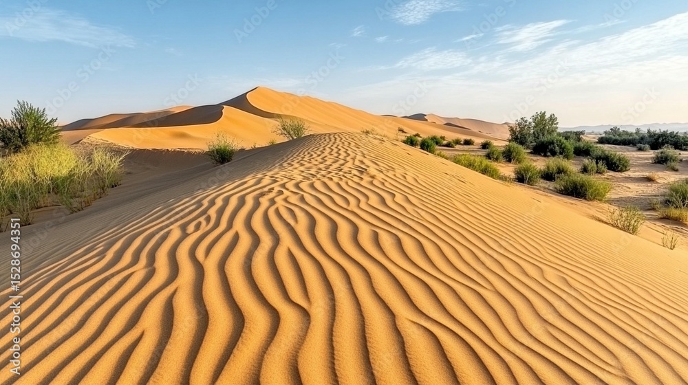 Naklejka premium Sunrise desert dune landscape with gentle, rippled sand dunes, sparse vegetation, and a clear sky