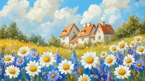 Sunny landscape with charming houses and a field of wildflowers