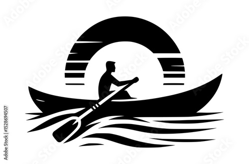 Silhouette of man rowing boat at sunset