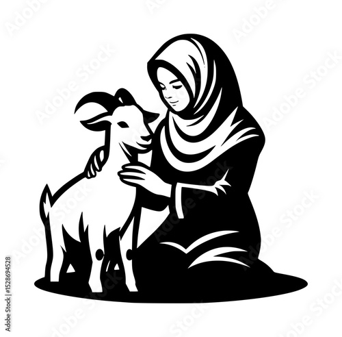 Muslim woman in hijab tenderly caring for a goat