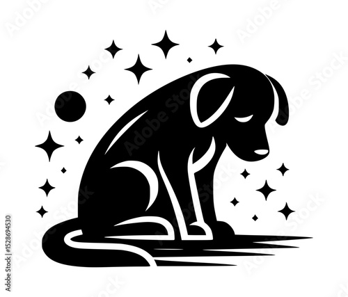 Stylized black dog sitting under stars