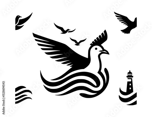 Stylized seagull in flight over ocean waves