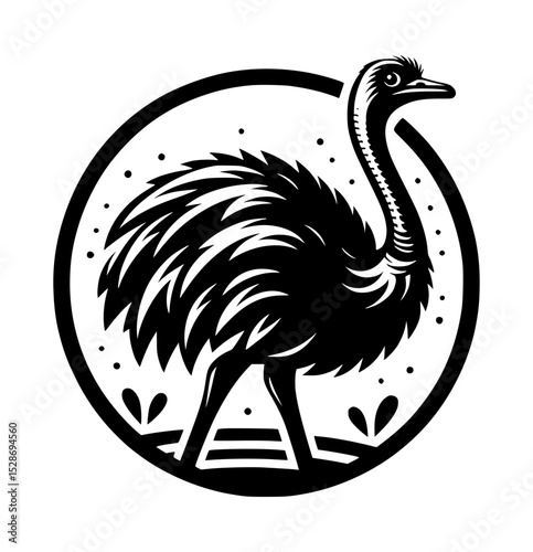 Stylized black and white illustration of an emu