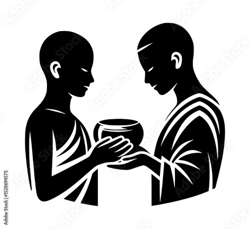 Buddhist monks offering alms bowl silhouette