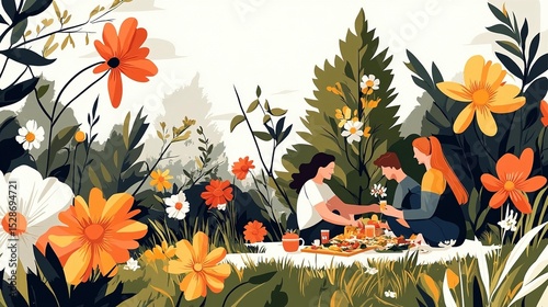 Three friends enjoying a picnic in a vibrant flower-filled meadow