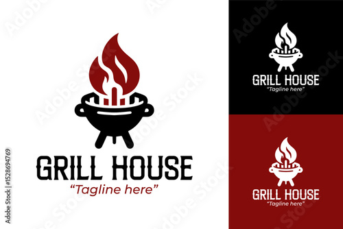 Premium Grill House Logo Design with Fire and Black and Red Colors for Branding