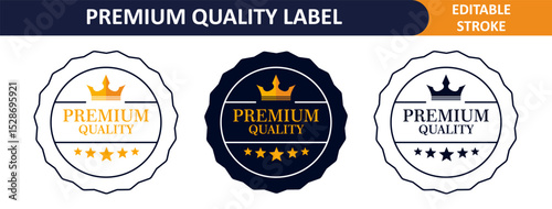 Premium Quality Label Icons – Flat Vector Badges with Crown, Stars, And VIP Round Emblems.