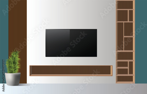 Modern living room with TV and bookshelf