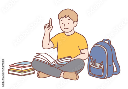 Back to school, education, learning concept. Little happy boy doing homework at home with backpack full of books and pencils. Hand drawn style vector design illustrations.