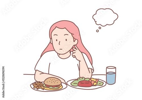 fast food or vegetarian thoughtful. young woman can't choose between fast food or vegetarian fat girl thinking about junk food. Hand drawn style vector design illustrations.