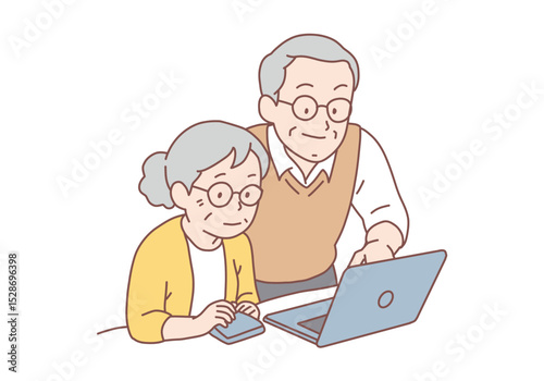 Positive mature elderly couple using laptop together learning computer communicating online together. Senior people and technologies concept. Hand drawn style vector design illustrations.