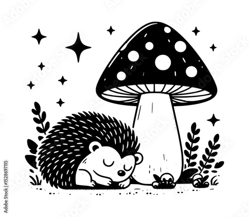 Cute hedgehog sleeping under a mushroom
