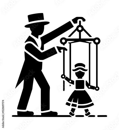 Silhouette of puppeteer controlling marionette