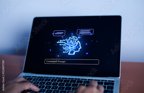 Man using laptop to chat with AI Chatbot Assistant or Artificial Intelligence Technology, Hologram Robot Application and Global Connectivity