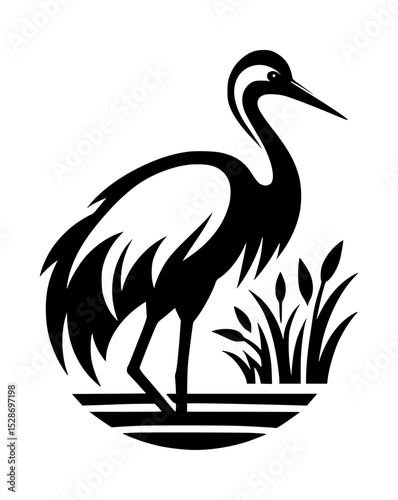 Elegant black and red crane bird logo design