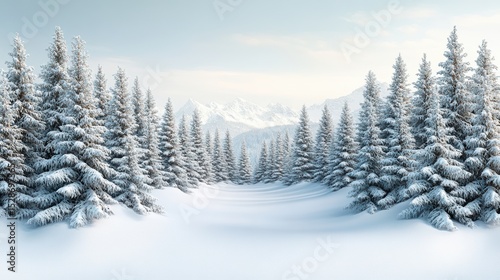 Tranquil winter wonderland snow covered fir trees leading towards majestic mountain range scenic landscape