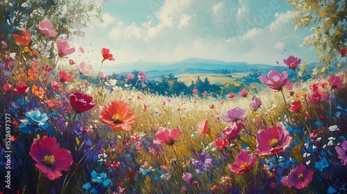 Vibrant field of wildflowers, a picturesque landscape with a mix of colors and textures, under a bright sky, showcasing a serene summer day