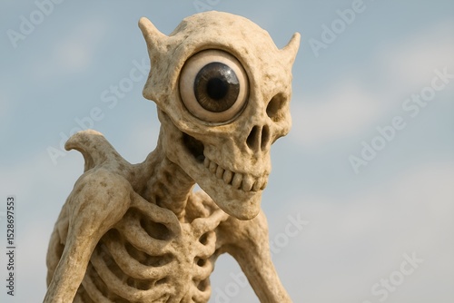 A whimsical bone creature with a prominent eye stares ahead against a pale sky background. photo