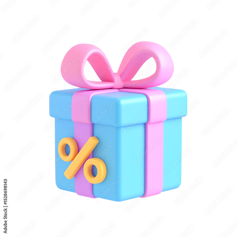 Obraz premium A blue and pink gift box with a ribbon and a yellow percent symbol signifying a discount or special offer