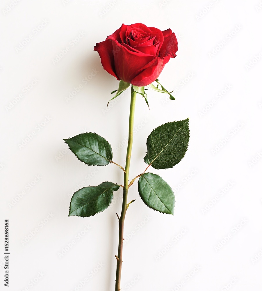 Obraz premium Red Rose with Long Stem on White Background: Perfect for Romance, Love, and Valentine's Day.