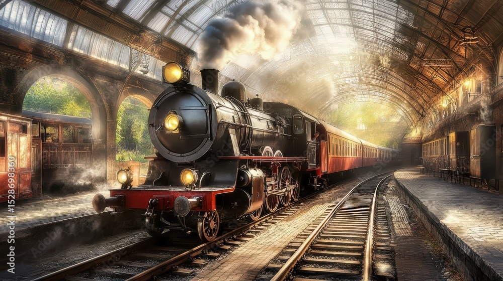 Obraz premium Vintage Steam Train Arriving at Historic Railway Station Interior