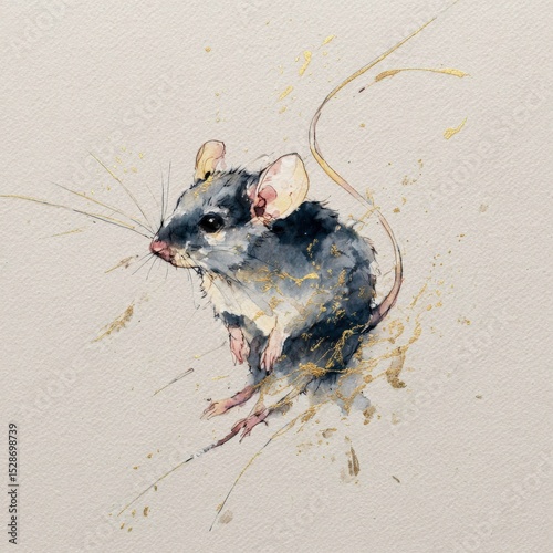 Cute sketch of a mouse with delicate features and golden accents on a soft background, showcasing its charming pose and expressive eyes