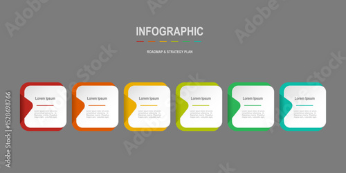 For business concept with 6 steps infographics,  white rectangle on multicolor shape, design for workflow layout, diagram, annual report, web design. vector